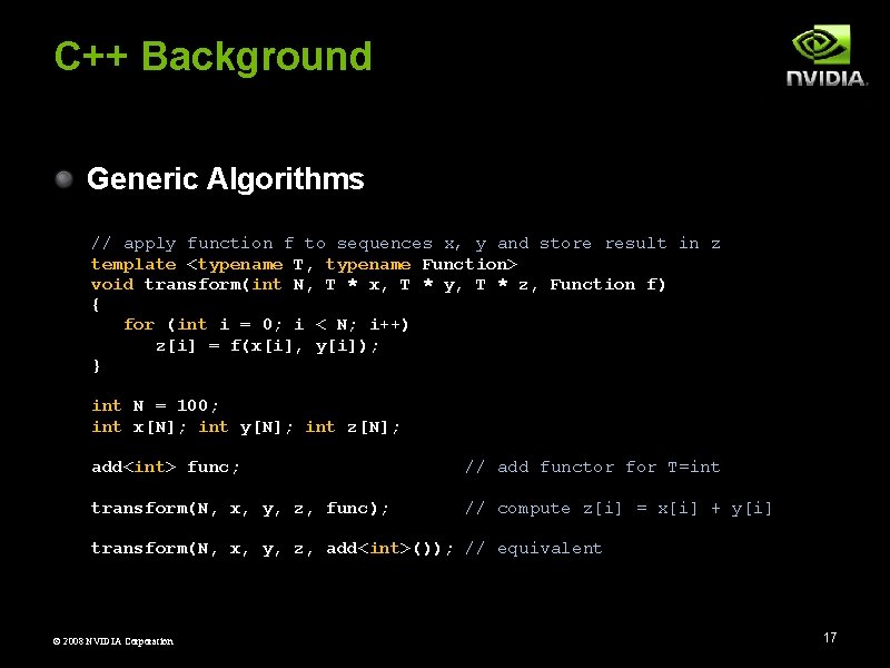 C++ Background Generic Algorithms // apply function f to sequences x, y and store