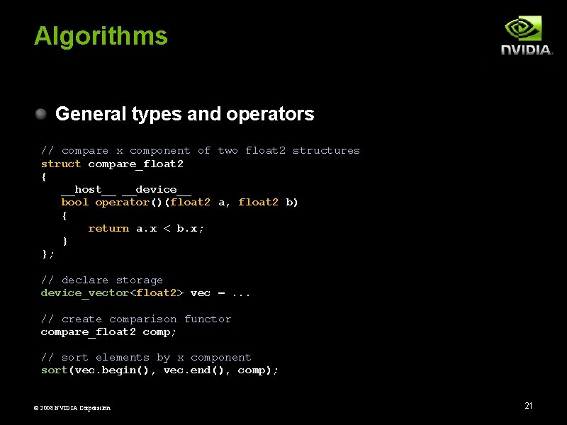 Algorithms General types and operators // compare x component of two float 2 structures