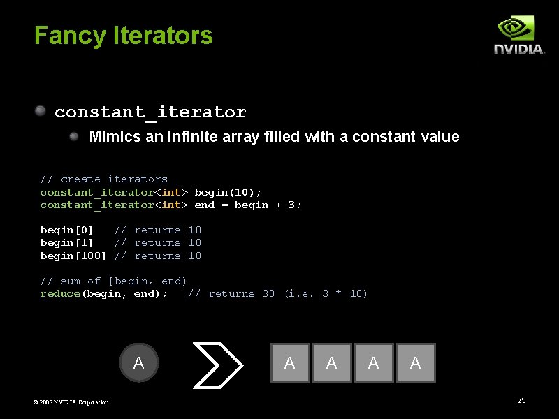 Fancy Iterators constant_iterator Mimics an infinite array filled with a constant value // create