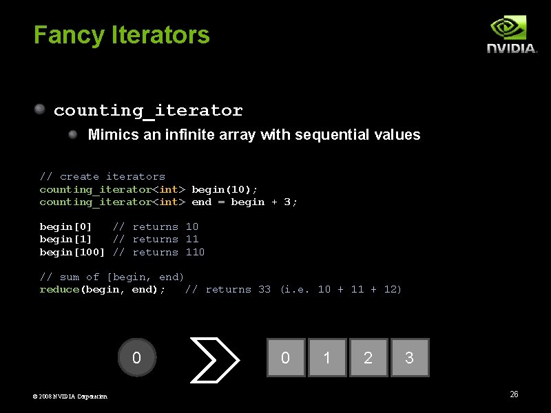 Fancy Iterators counting_iterator Mimics an infinite array with sequential values // create iterators counting_iterator<int>