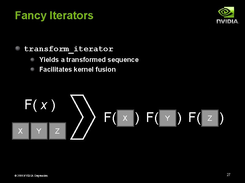 Fancy Iterators transform_iterator Yields a transformed sequence Facilitates kernel fusion F( x ) X