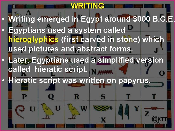 WRITING • Writing emerged in Egypt around 3000 B. C. E. • Egyptians used