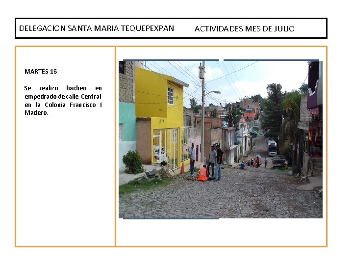 DELEGACION SANTA MARIA TEQUEPEXPAN ACTIVIDADES MES DE JULIO MARTES 16 Se realizo bacheo en