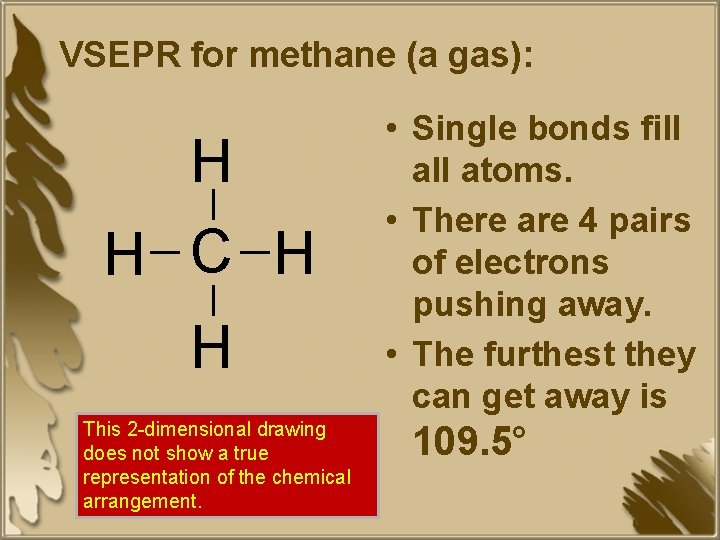 VSEPR for methane (a gas): H H C H H This 2 -dimensional drawing