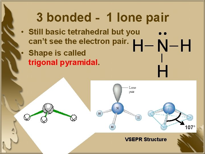 3 bonded - 1 lone pair • Still basic tetrahedral but you can’t see