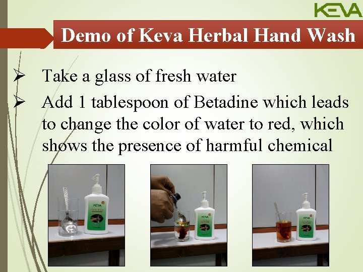 Demo of Keva Herbal Hand Wash Ø Take a glass of fresh water Ø