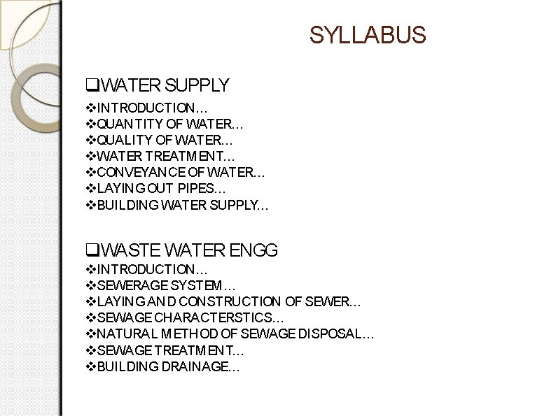SYLLABUS WATER SUPPLY INTRODUCTION… QUANTITY OF WATER… QUALITY OF WATER… WATER TREATMENT… CONVEYANCE OF