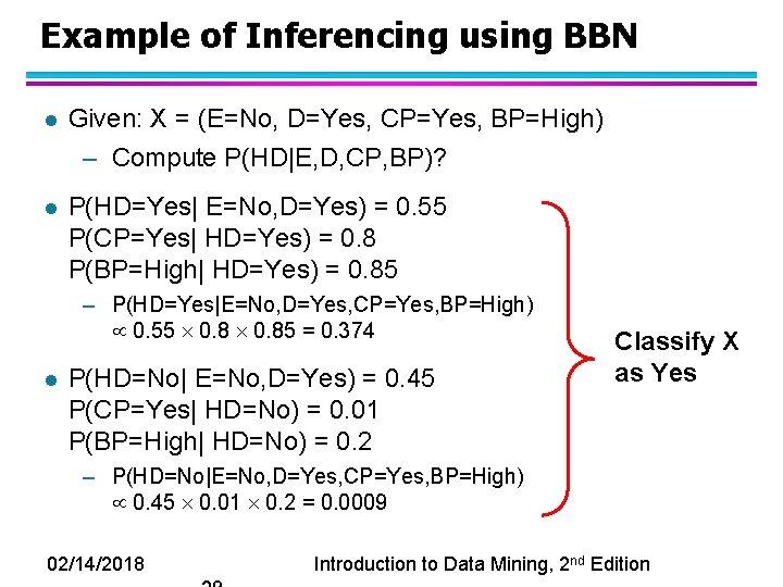 Example of Inferencing using BBN l Given: X = (E=No, D=Yes, CP=Yes, BP=High) –