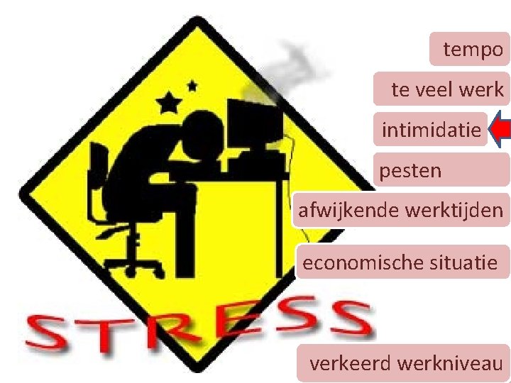 tempo te veel werk intimidatie pesten afwijkende werktijden economische situatie verkeerd werkniveau 9 