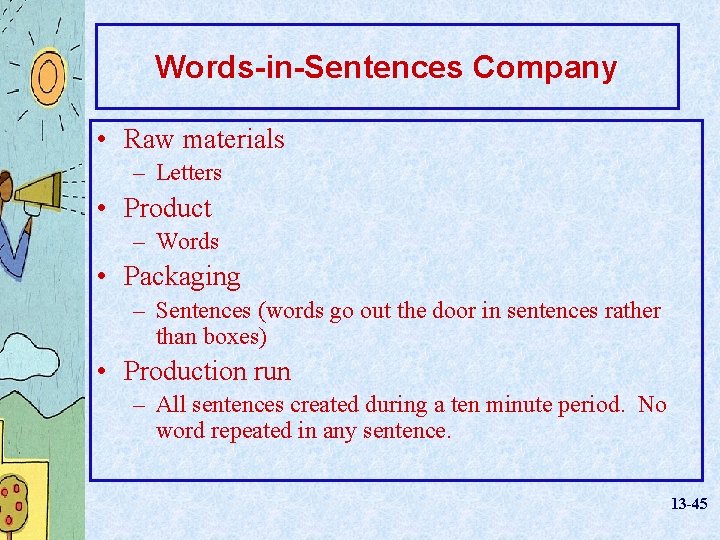 Words-in-Sentences Company • Raw materials – Letters • Product – Words • Packaging –