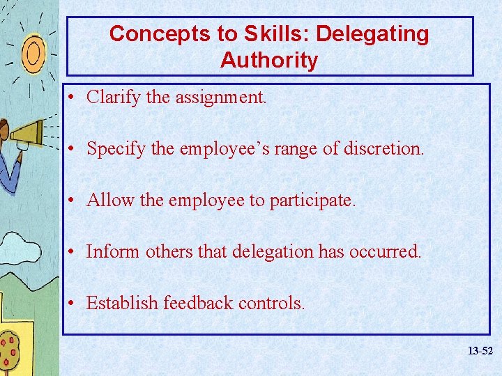 Concepts to Skills: Delegating Authority • Clarify the assignment. • Specify the employee’s range