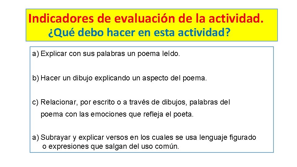 Indicadores de evaluación de la actividad. ¿Qué debo hacer en esta actividad? a) Explicar