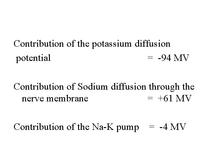 Contribution of the potassium diffusion potential = -94 MV Contribution of Sodium diffusion through