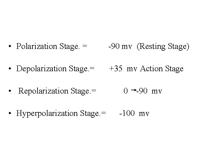  • Polarization Stage. = -90 mv (Resting Stage) • Depolarization Stage. = +35