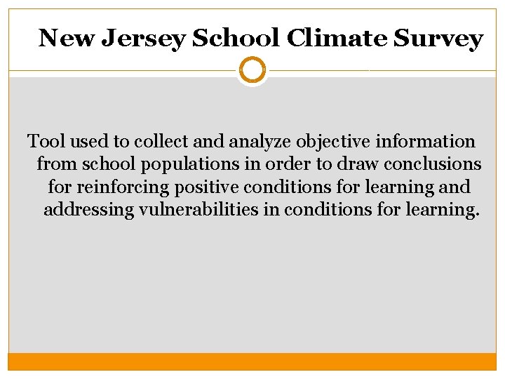 New Jersey School Climate Survey Tool used to collect and analyze objective information from