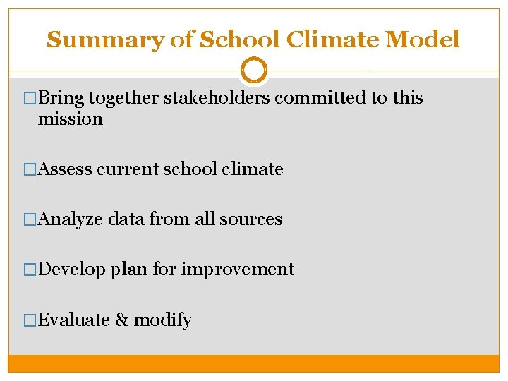 Summary of School Climate Model �Bring together stakeholders committed to this mission �Assess current