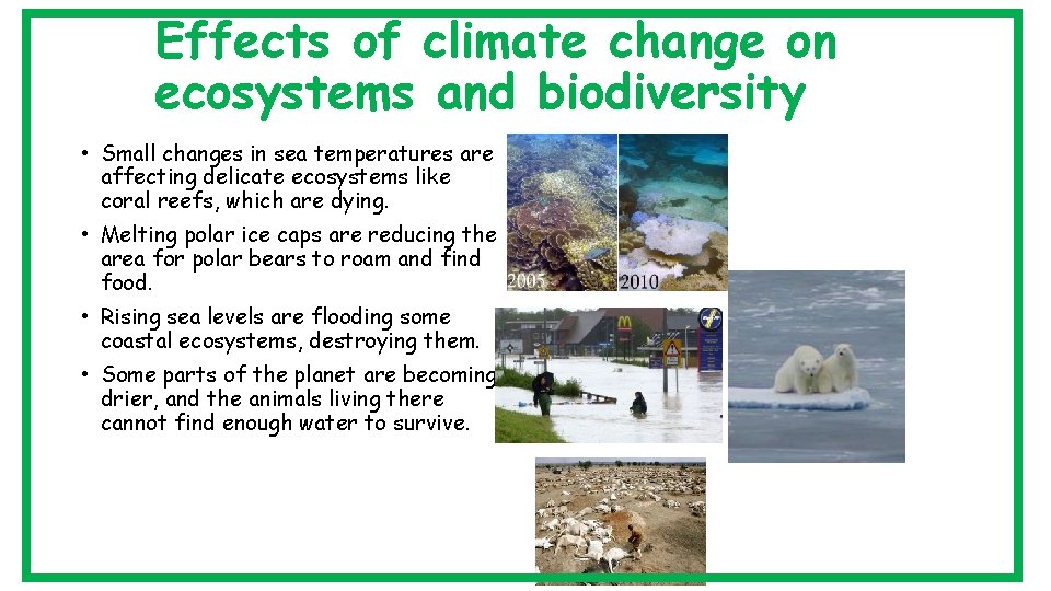 Effects of climate change on ecosystems and biodiversity • Small changes in sea temperatures