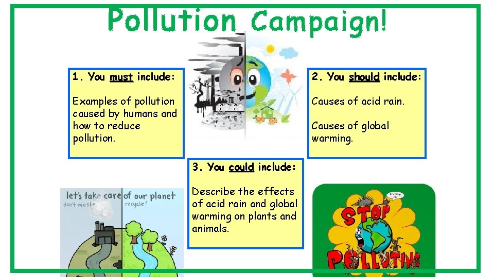 Pollution Campaign! 1. You must include: 2. You should include: Examples of pollution caused