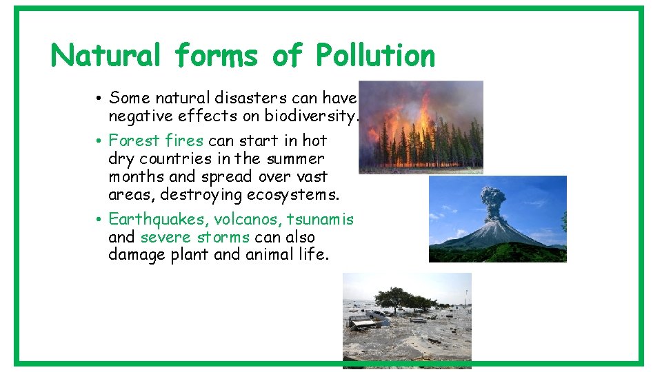Natural forms of Pollution • Some natural disasters can have negative effects on biodiversity.