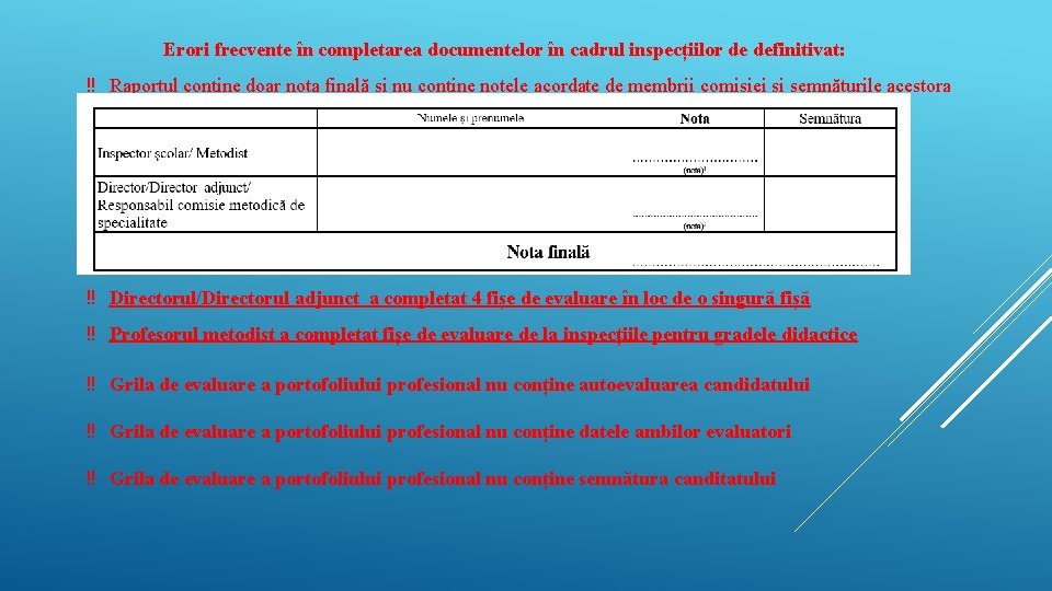 Erori frecvente în completarea documentelor în cadrul inspecțiilor de definitivat: ‼ Raportul conține doar