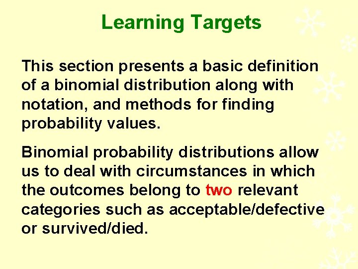 Learning Targets This section presents a basic definition of a binomial distribution along with