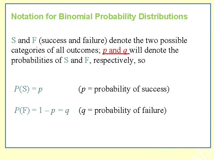 Notation for Binomial Probability Distributions S and F (success and failure) denote the two