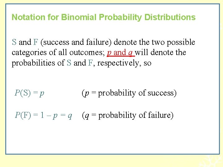 Notation for Binomial Probability Distributions S and F (success and failure) denote the two