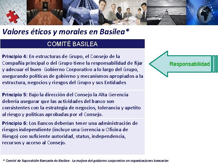 Valores éticos y morales en Basilea* COMITÉ BASILEA Principio 4: En estructuras de Grupo,