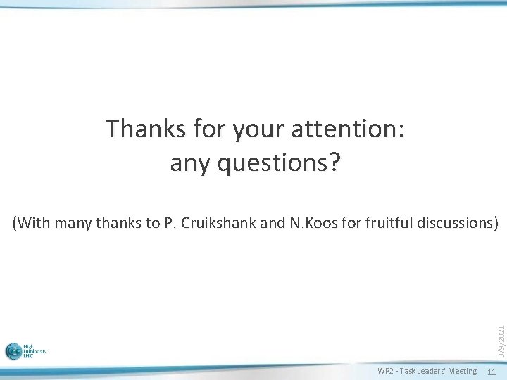 Thanks for your attention: any questions? 3/9/2021 (With many thanks to P. Cruikshank and