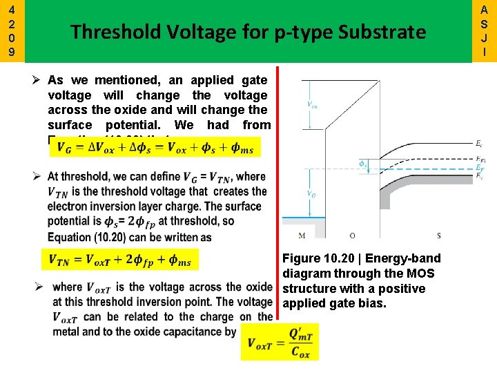 4 2 0 9 Threshold Voltage for p-type Substrate Ø As we mentioned, an