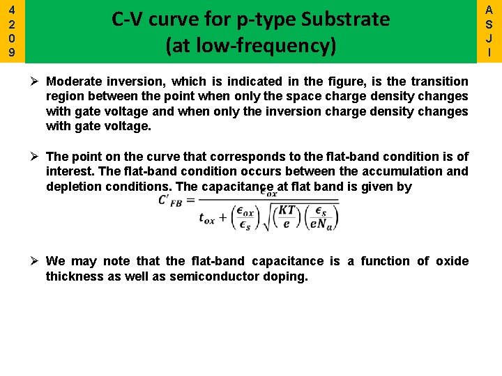 4 2 0 9 C-V curve for p-type Substrate (at low-frequency) Ø Moderate inversion,