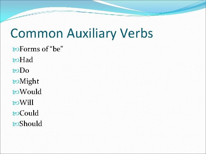 Common Auxiliary Verbs Forms of “be” Had Do Might Would Will Could Should 