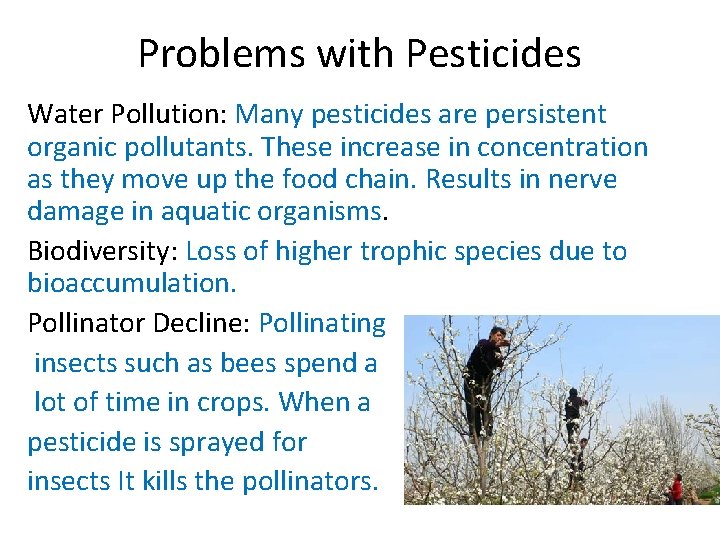 Problems with Pesticides Water Pollution: Many pesticides are persistent organic pollutants. These increase in