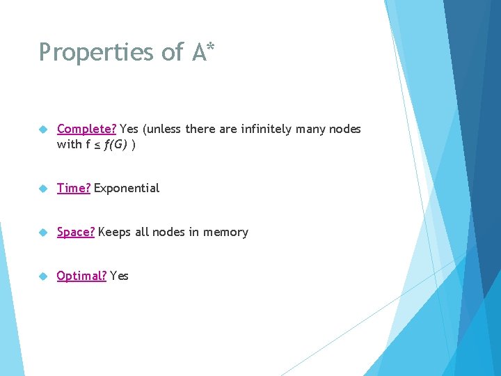 Properties of A* Complete? Yes (unless there are infinitely many nodes with f ≤