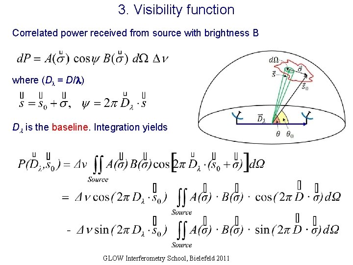 3. Visibility function Correlated power received from source with brightness B where (D =