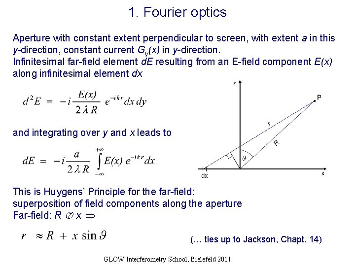 1. Fourier optics Aperture with constant extent perpendicular to screen, with extent a in
