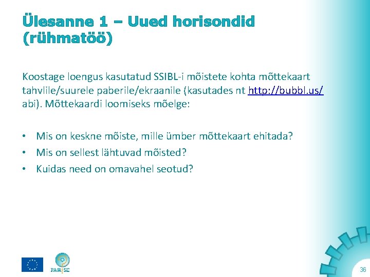 Ülesanne 1 – Uued horisondid (rühmatöö) Koostage loengus kasutatud SSIBL-i mõistete kohta mõttekaart tahvlile/suurele