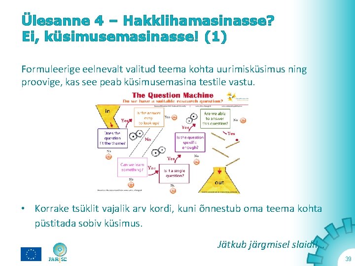 Ülesanne 4 – Hakklihamasinasse? Ei, küsimusemasinasse! (1) Formuleerige eelnevalt valitud teema kohta uurimisküsimus ning