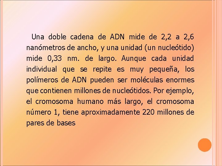  Una doble cadena de ADN mide de 2, 2 a 2, 6 nanómetros