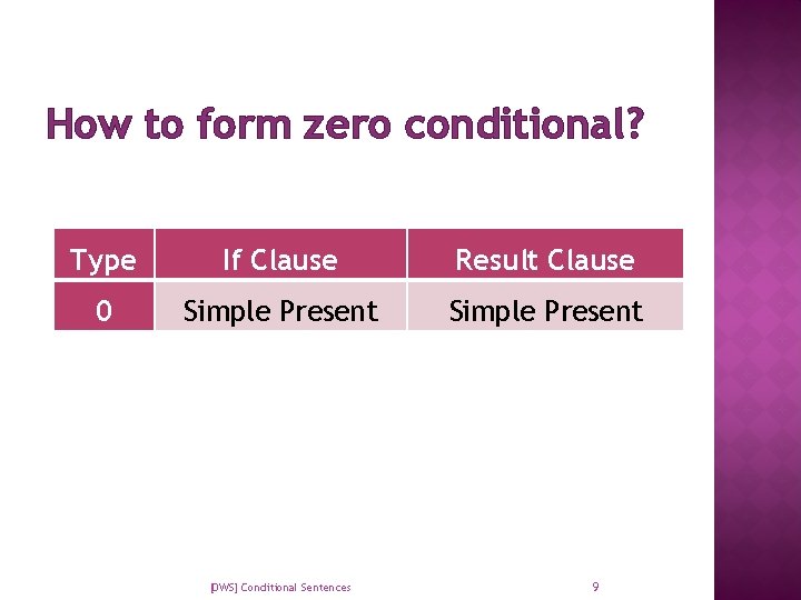 How to form zero conditional? Type If Clause Result Clause 0 Simple Present [DWS]