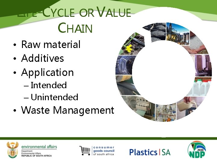 LIFE-CYCLE OR VALUE CHAIN • Raw material • Additives • Application – Intended –