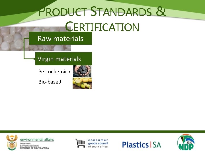 PRODUCT STANDARDS & CERTIFICATION Raw materials Virgin materials Petrochemical Bio-based 
