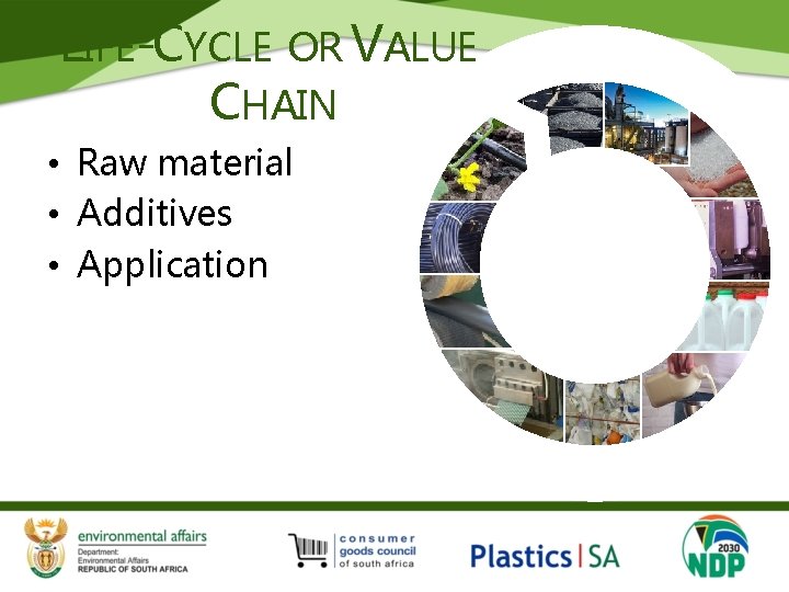 LIFE-CYCLE OR VALUE CHAIN • Raw material • Additives • Application 