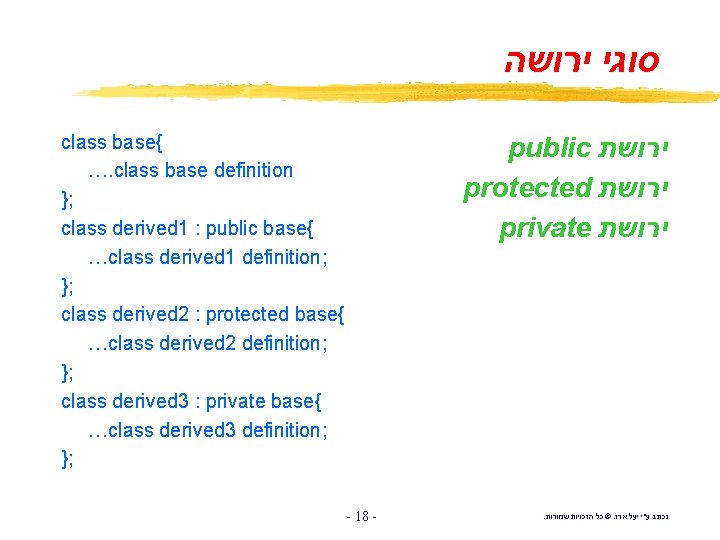  סוגי ירושה class base{ …. class base definition }; class derived 1 :