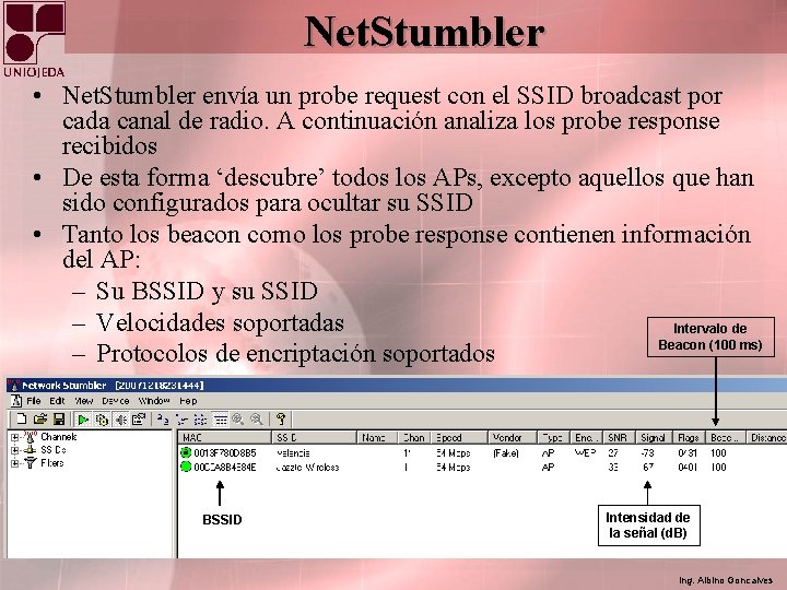 Net. Stumbler • Net. Stumbler envía un probe request con el SSID broadcast por