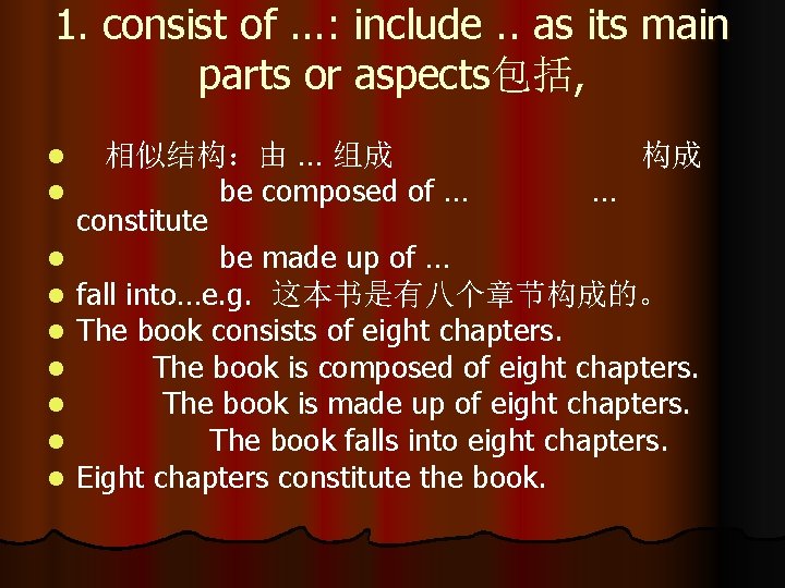 1. consist of. . . : include. . as its main parts or aspects包括,