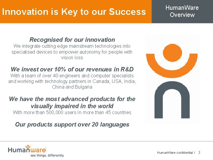 Innovation is Key to our Success Human. Ware Overview Recognised for our innovation We