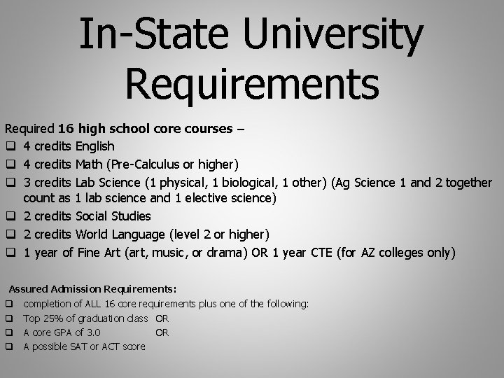 In-State University Requirements Required 16 high school core courses – q 4 credits English