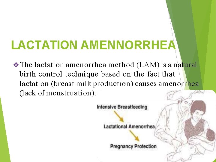 LACTATION AMENNORRHEA The lactation amenorrhea method (LAM) is a natural birth control technique based