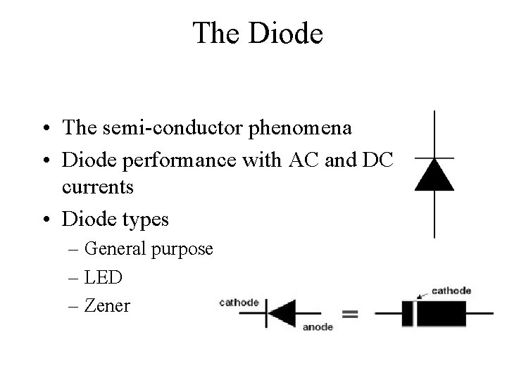 The Diode • The semi-conductor phenomena • Diode performance with AC and DC currents